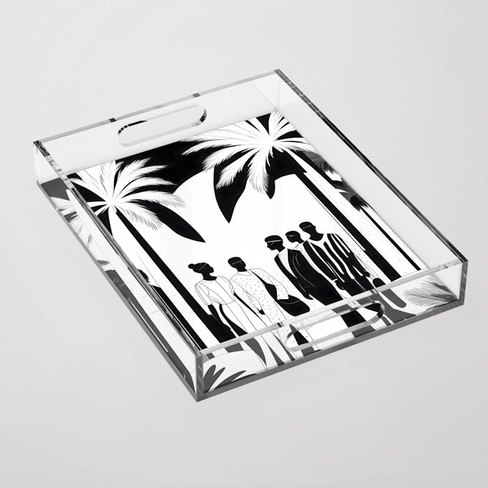 Five, Tropical African People Meeting, Abstract Back & White Travel, Palm Jungle Human Shadows Eclectic Noho Acrylic Tray Gallery Image 1