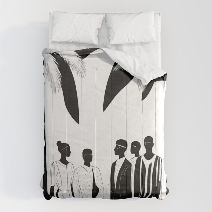 Five, Tropical African People Meeting, Abstract Back & White Travel, Palm Jungle Human Shadows Eclectic Noho Comforter Gallery Image 6