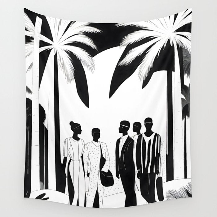 Five, Tropical African People Meeting, Abstract Back & White Travel, Palm Jungle Human Shadows Eclectic Noho Wall Tapestry Gallery Image 1