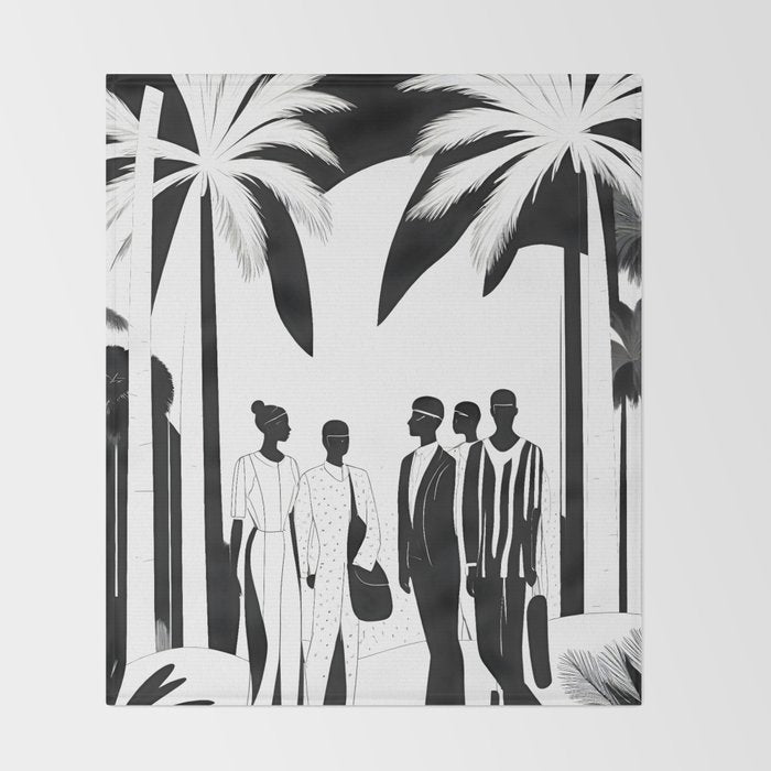 Five, Tropical African People Meeting, Abstract Back & White Travel, Palm Jungle Human Shadows Eclectic Noho Throw Blanket Gallery Image 2