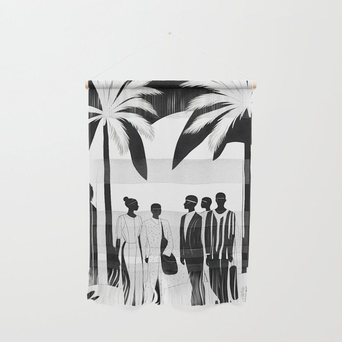 Five, Tropical African People Meeting, Abstract Back & White Travel, Palm Jungle Human Shadows Eclectic Noho Wall Hanging Gallery Image 1