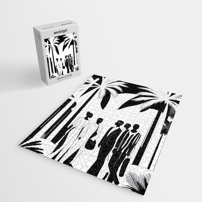 Five, Tropical African People Meeting, Abstract Back & White Travel, Palm Jungle Human Shadows Eclectic Noho Jigsaw Puzzle Gallery Image 2