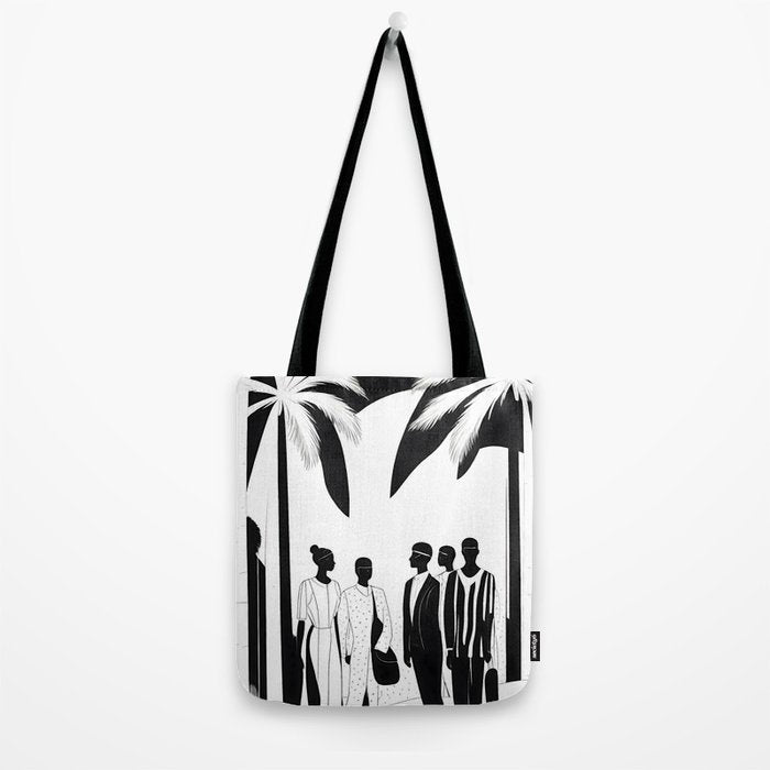 Five, Tropical African People Meeting, Abstract Back & White Travel, Palm Jungle Human Shadows Eclectic Noho Tote Bag Gallery Image 2
