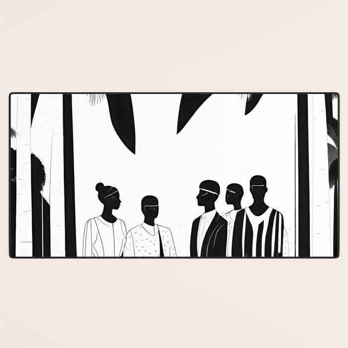 Five, Tropical African People Meeting, Abstract Back & White Travel, Palm Jungle Human Shadows Eclectic Noho Desk Mat Gallery Image 3