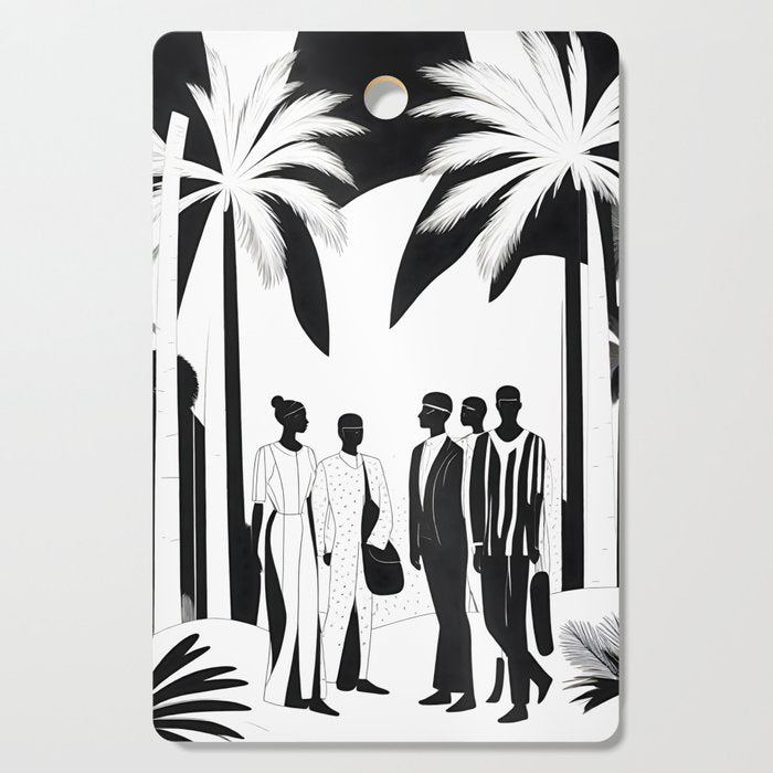 Five, Tropical African People Meeting, Abstract Back & White Travel, Palm Jungle Human Shadows Eclectic Noho Cutting Board Gallery Image 1