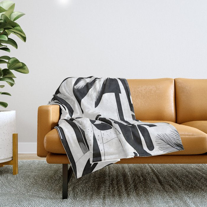 Five, Tropical African People Meeting, Abstract Back & White Travel, Palm Jungle Human Shadows Eclectic Noho Throw Blanket Gallery Image 1