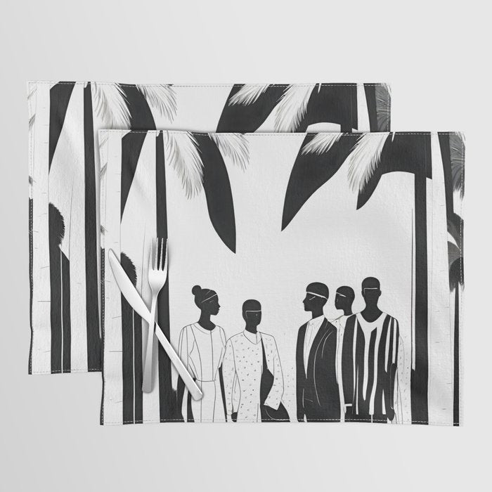 Five, Tropical African People Meeting, Abstract Back & White Travel, Palm Jungle Human Shadows Eclectic Noho Placemat Gallery Image 1
