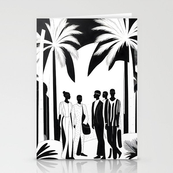 Five, Tropical African People Meeting, Abstract Back & White Travel, Palm Jungle Human Shadows Eclectic Noho Stationery Card Gallery Image 2
