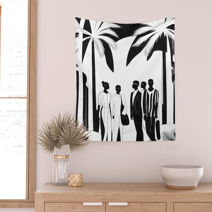 Five, Tropical African People Meeting, Abstract Back & White Travel, Palm Jungle Human Shadows Eclectic Noho Wall Tapestry Gallery Image 2
