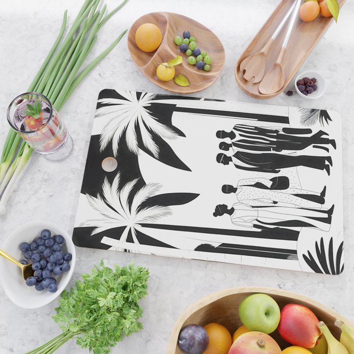 Five, Tropical African People Meeting, Abstract Back & White Travel, Palm Jungle Human Shadows Eclectic Noho Cutting Board Gallery Image 2