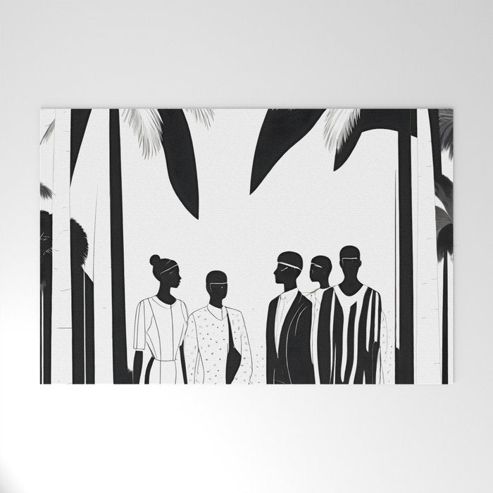 Five, Tropical African People Meeting, Abstract Back & White Travel, Palm Jungle Human Shadows Eclectic Noho Welcome Mat Gallery Image 1