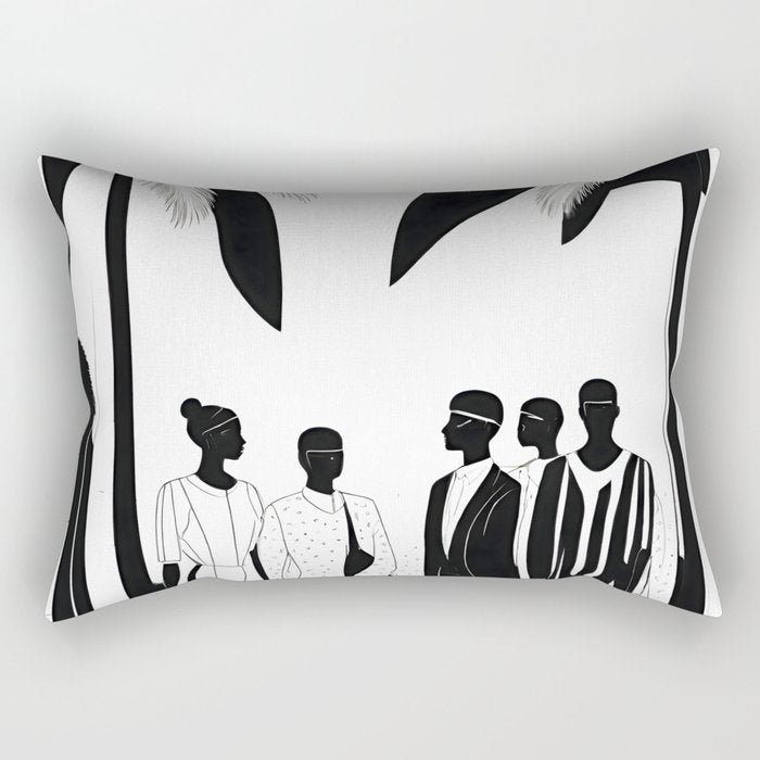 Five, Tropical African People Meeting, Abstract Back & White Travel, Palm Jungle Human Shadows Eclectic Noho Rectangular Pillow Gallery Image 2
