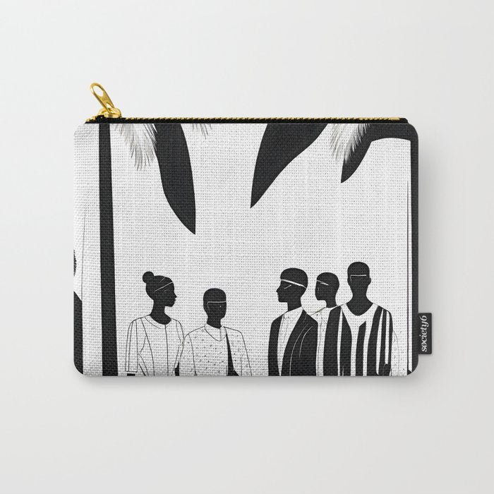 Five, Tropical African People Meeting, Abstract Back & White Travel, Palm Jungle Human Shadows Eclectic Noho Carry All Pouch Gallery Image 1
