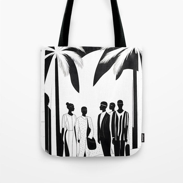 Five, Tropical African People Meeting, Abstract Back & White Travel, Palm Jungle Human Shadows Eclectic Noho Tote Bag Gallery Image 1