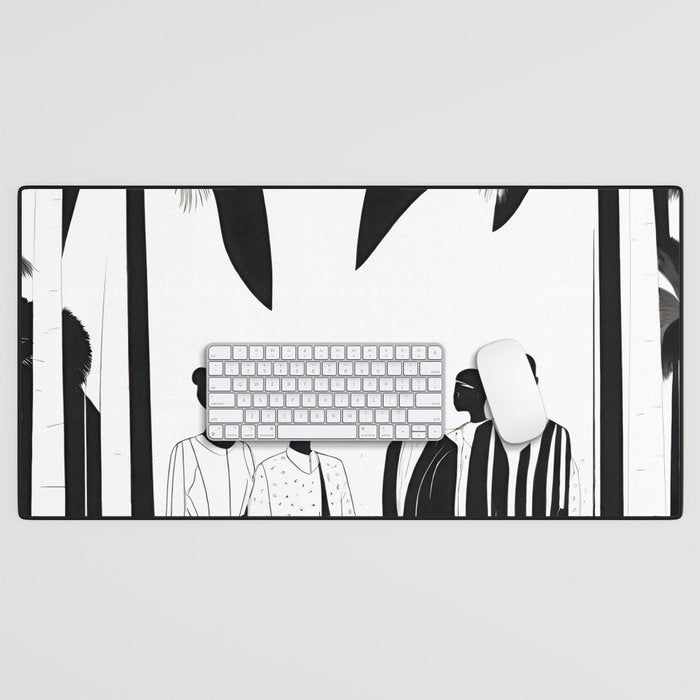 Five, Tropical African People Meeting, Abstract Back & White Travel, Palm Jungle Human Shadows Eclectic Noho Desk Mat Gallery Image 1