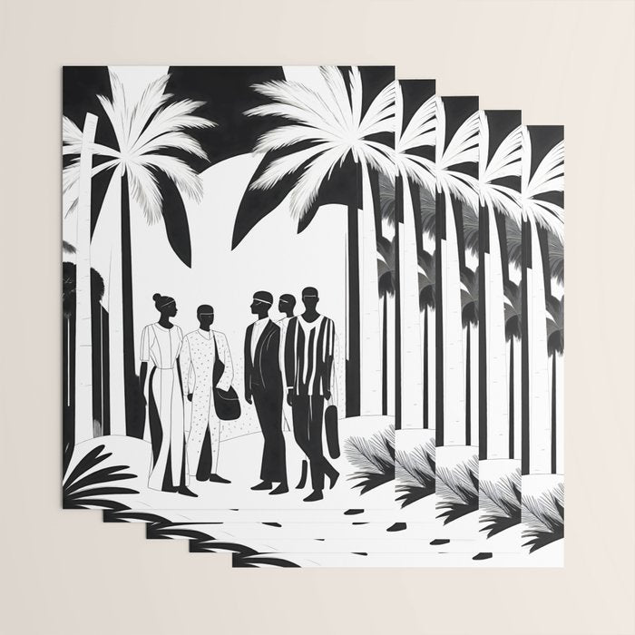 Five, Tropical African People Meeting, Abstract Back & White Travel, Palm Jungle Human Shadows Eclectic Noho Wrapping Paper Gallery Image 3