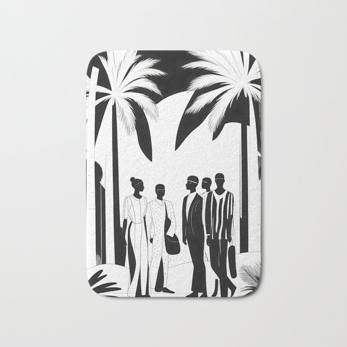 Five, Tropical African People Meeting, Abstract Back & White Travel, Palm Jungle Human Shadows Eclectic Noho Bath Mat Gallery Image 1