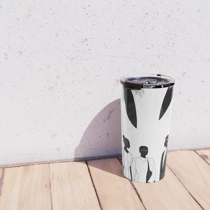 Five, Tropical African People Meeting, Abstract Back & White Travel, Palm Jungle Human Shadows Eclectic Noho Travel Mug Gallery Image 4