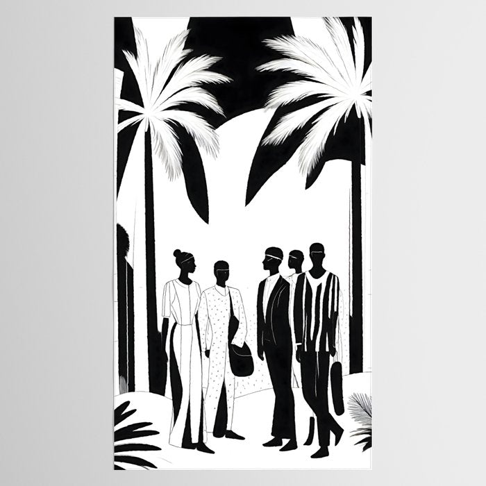 Five, Tropical African People Meeting, Abstract Back & White Travel, Palm Jungle Human Shadows Eclectic Noho Tablecloth Gallery Image 2