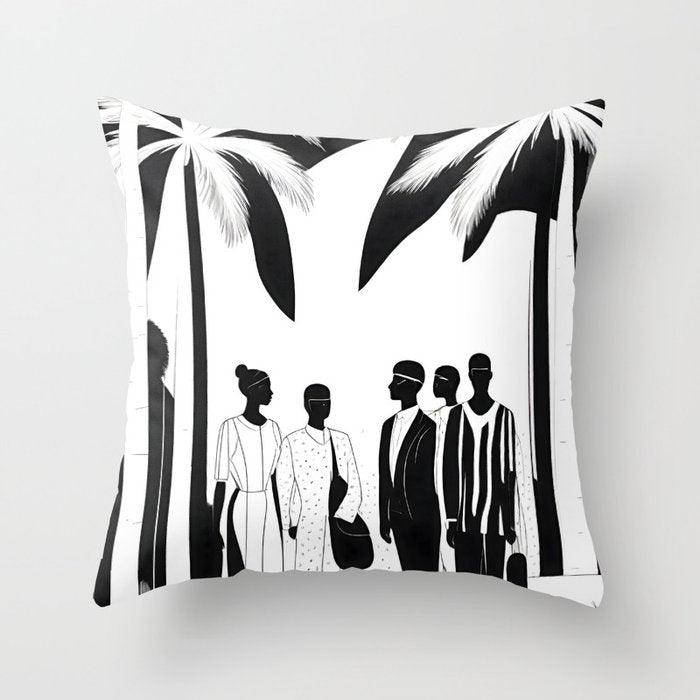 Five, Tropical African People Meeting, Abstract Back & White Travel, Palm Jungle Human Shadows Eclectic Noho Throw Pillow Gallery Image 1