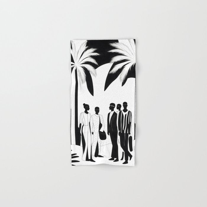 Five, Tropical African People Meeting, Abstract Back & White Travel, Palm Jungle Human Shadows Eclectic Noho Bath Towel Gallery Image 1