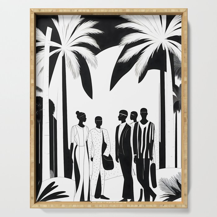 Five, Tropical African People Meeting, Abstract Back & White Travel, Palm Jungle Human Shadows Eclectic Noho Serving Tray Gallery Image 1