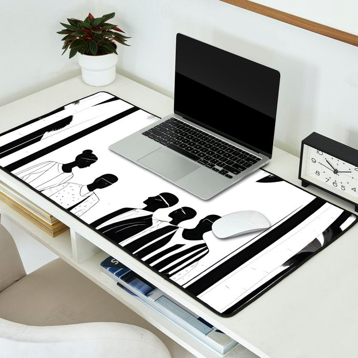 Five, Tropical African People Meeting, Abstract Back & White Travel, Palm Jungle Human Shadows Eclectic Noho Desk Mat Gallery Image 2