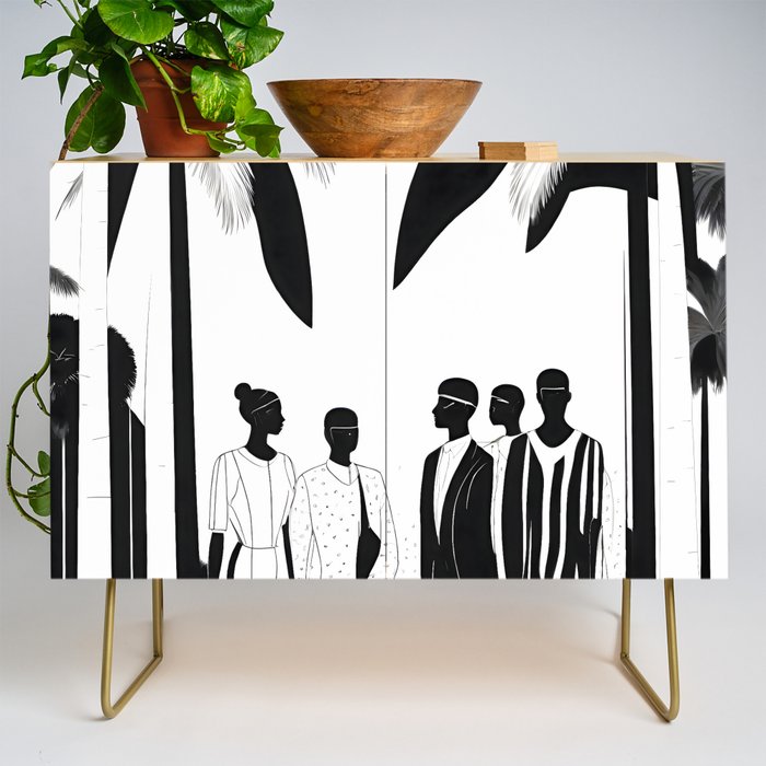Five, Tropical African People Meeting, Abstract Back & White Travel, Palm Jungle Human Shadows Eclectic Noho Credenza Gallery Image 1