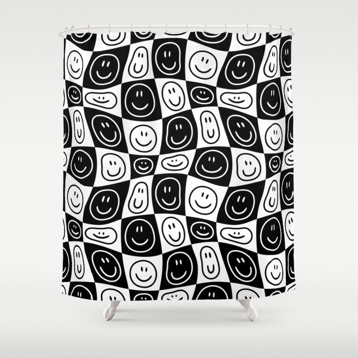 Black and white happy face checkered pattern Shower Curtain Gallery Image 1