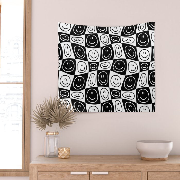 Black and white happy face checkered pattern Wall Tapestry Gallery Image 2