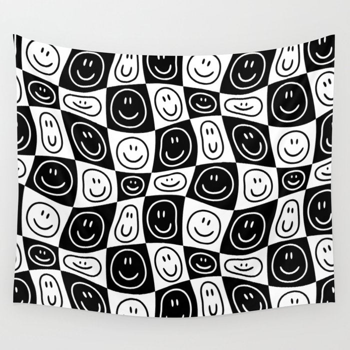 Black and white happy face checkered pattern Wall Tapestry Gallery Image 4