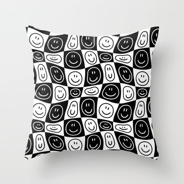 Black and white happy face checkered pattern Throw Pillow Gallery Image 1