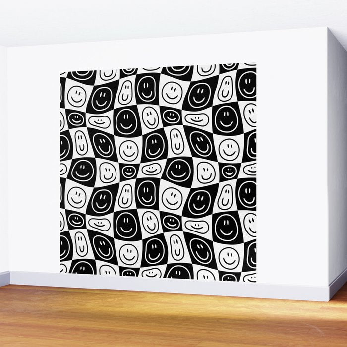 Black and white happy face checkered pattern Wall Mural Gallery Image 2