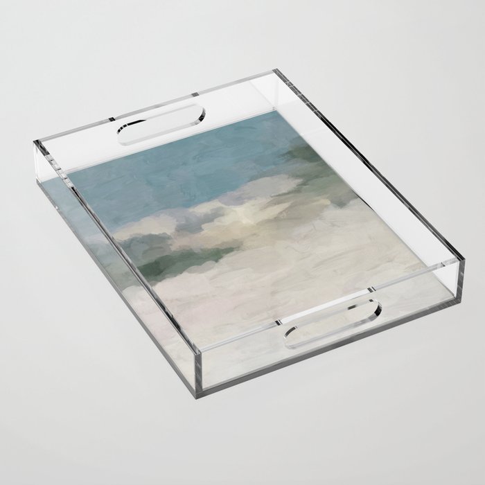 Sandy Dunes - Modern Abstract Painting, Teal Blue, Sage Green, Beige Yellow Prints Wall Art Ocean Acrylic Tray Gallery Image 1