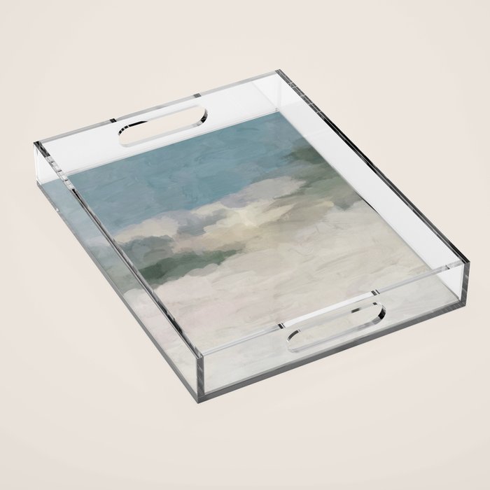 Sandy Dunes - Modern Abstract Painting, Teal Blue, Sage Green, Beige Yellow Prints Wall Art Ocean Acrylic Tray Gallery Image 1