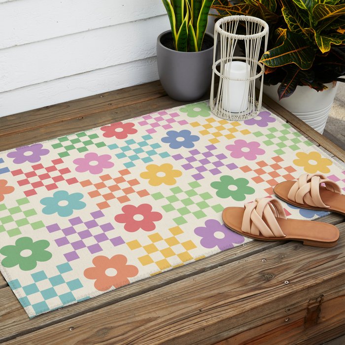 Colorful Flowers Double Checker Outdoor Rug Gallery Image 2