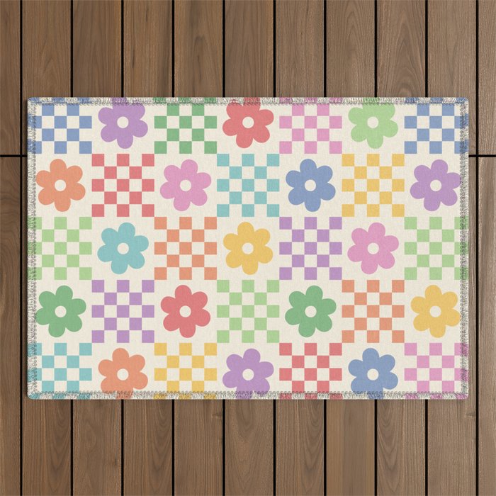 Colorful Flowers Double Checker Outdoor Rug Gallery Image 1