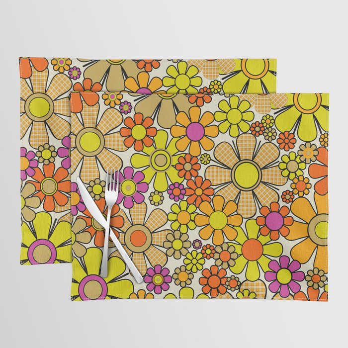 70s Retro Flowers Gingham Floral Pattern Orange Yellow Cream Placemat Gallery Image 1