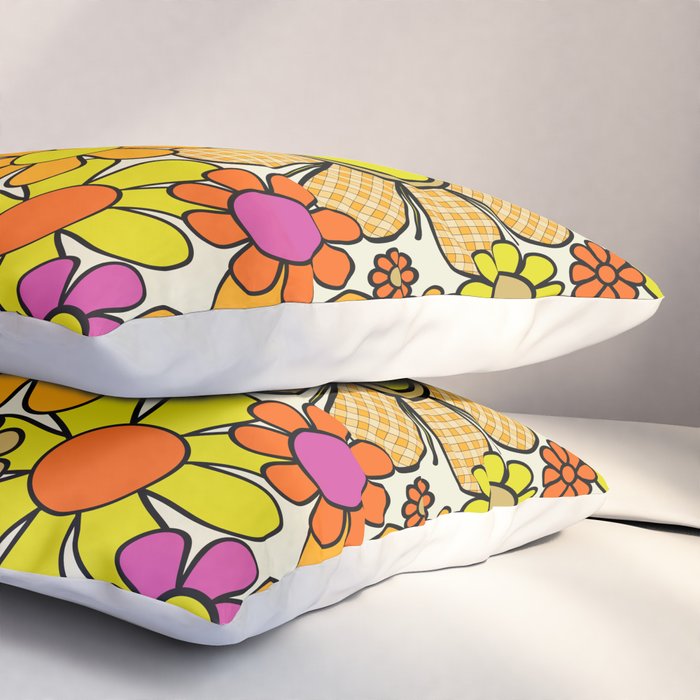 70s Retro Flowers Gingham Floral Pattern Orange Yellow Cream Pillow Sham Gallery Image 3