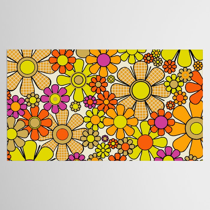 70s Retro Flowers Gingham Floral Pattern Orange Yellow Cream Tablecloth Gallery Image 2