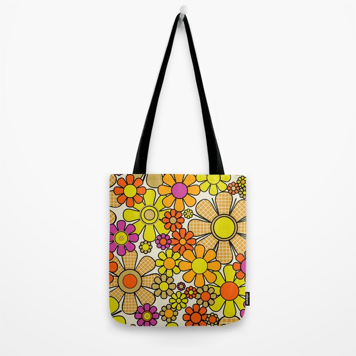 70s Retro Flowers Gingham Floral Pattern Orange Yellow Cream Tote Bag Gallery Image 2
