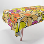 70s Retro Flowers Gingham Floral Pattern Orange Yellow Cream Tablecloth Gallery Image 1