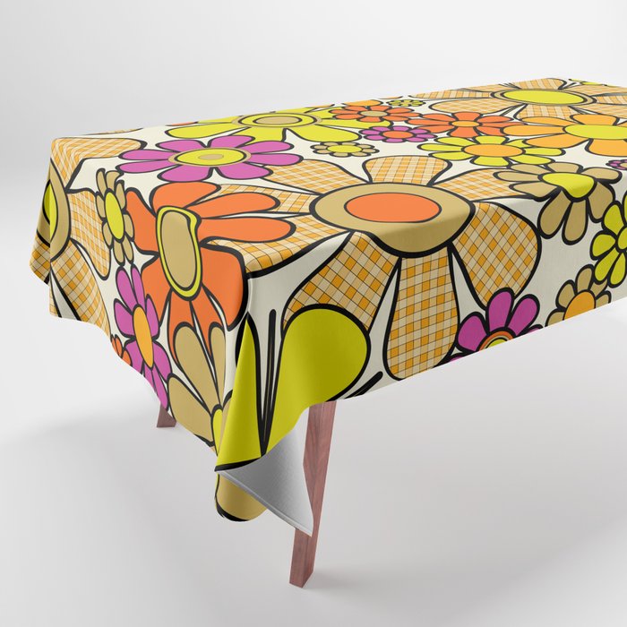 70s Retro Flowers Gingham Floral Pattern Orange Yellow Cream Tablecloth Gallery Image 1