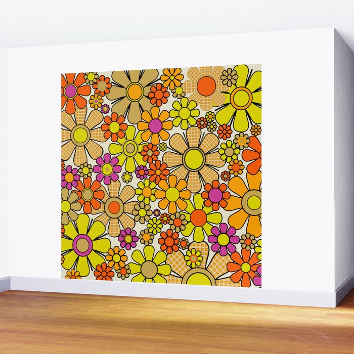 70s Retro Flowers Gingham Floral Pattern Orange Yellow Cream Wall Mural Gallery Image 2