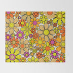 70s Retro Flowers Gingham Floral Pattern Orange Yellow Cream Throw Blanket Gallery Image 2