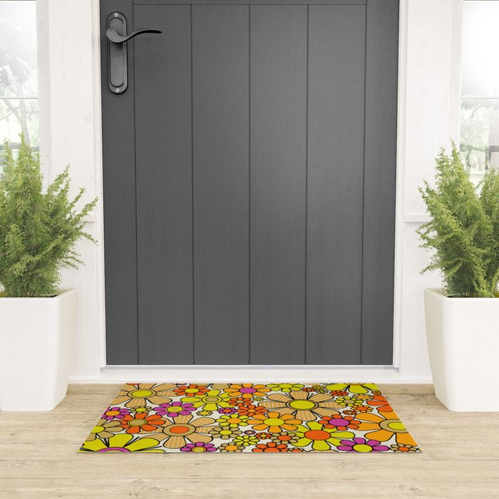 70s Retro Flowers Gingham Floral Pattern Orange Yellow Cream Welcome Mat Gallery Image 3