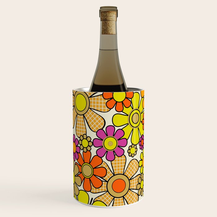70s Retro Flowers Gingham Floral Pattern Orange Yellow Cream Wine Chiller Gallery Image 2