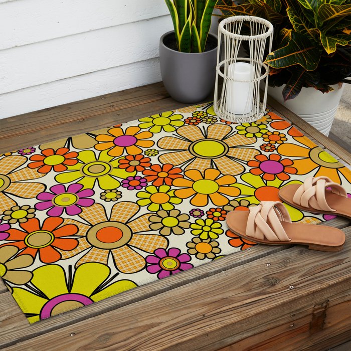 70s Retro Flowers Gingham Floral Pattern Orange Yellow Cream Outdoor Rug Gallery Image 2