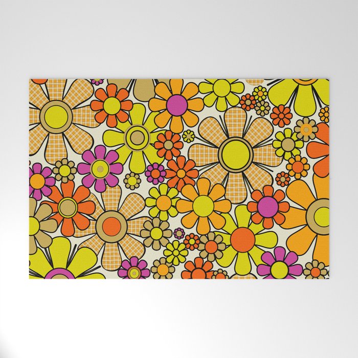 70s Retro Flowers Gingham Floral Pattern Orange Yellow Cream Welcome Mat Gallery Image 1