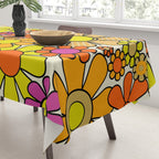 70s Retro Flowers Gingham Floral Pattern Orange Yellow Cream Tablecloth Gallery Image 3
